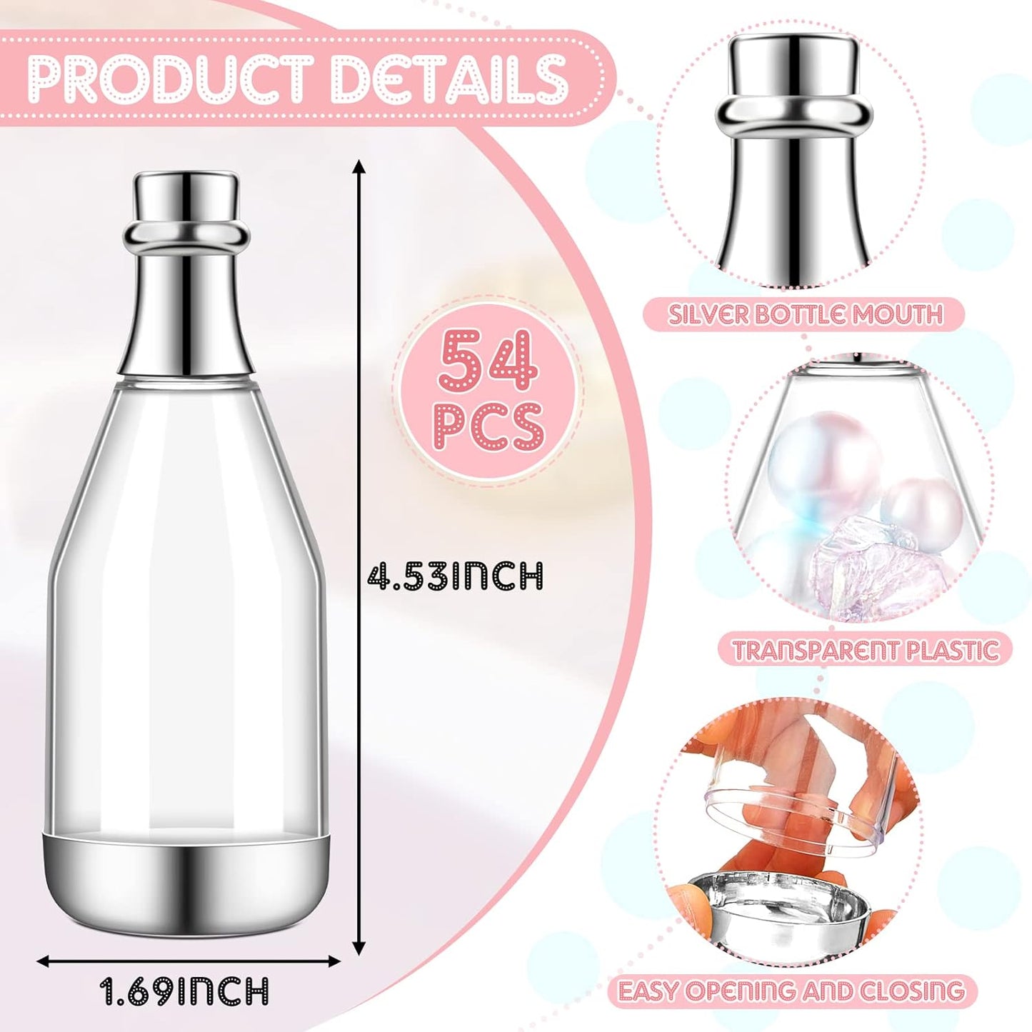 Cunhill 54 Pieces Champagne Candy Bottles Bridal Shower Favors Mini Baby Bottle for Baby Shower Bulk Small Plastic Wine Alcohol Containers for Wedding Birthday Party(Silver)