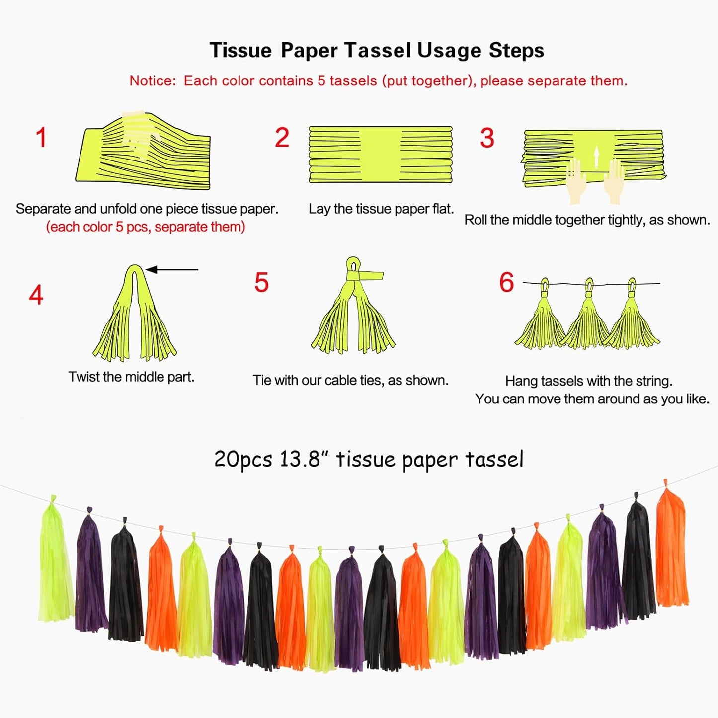 Black-Purple Green-Orange Halloween Tassel-Garland - 20pcs Birthday Party-Decorations Supplies Tassels, Wedding Baby Bridal Shower Decor Panduola