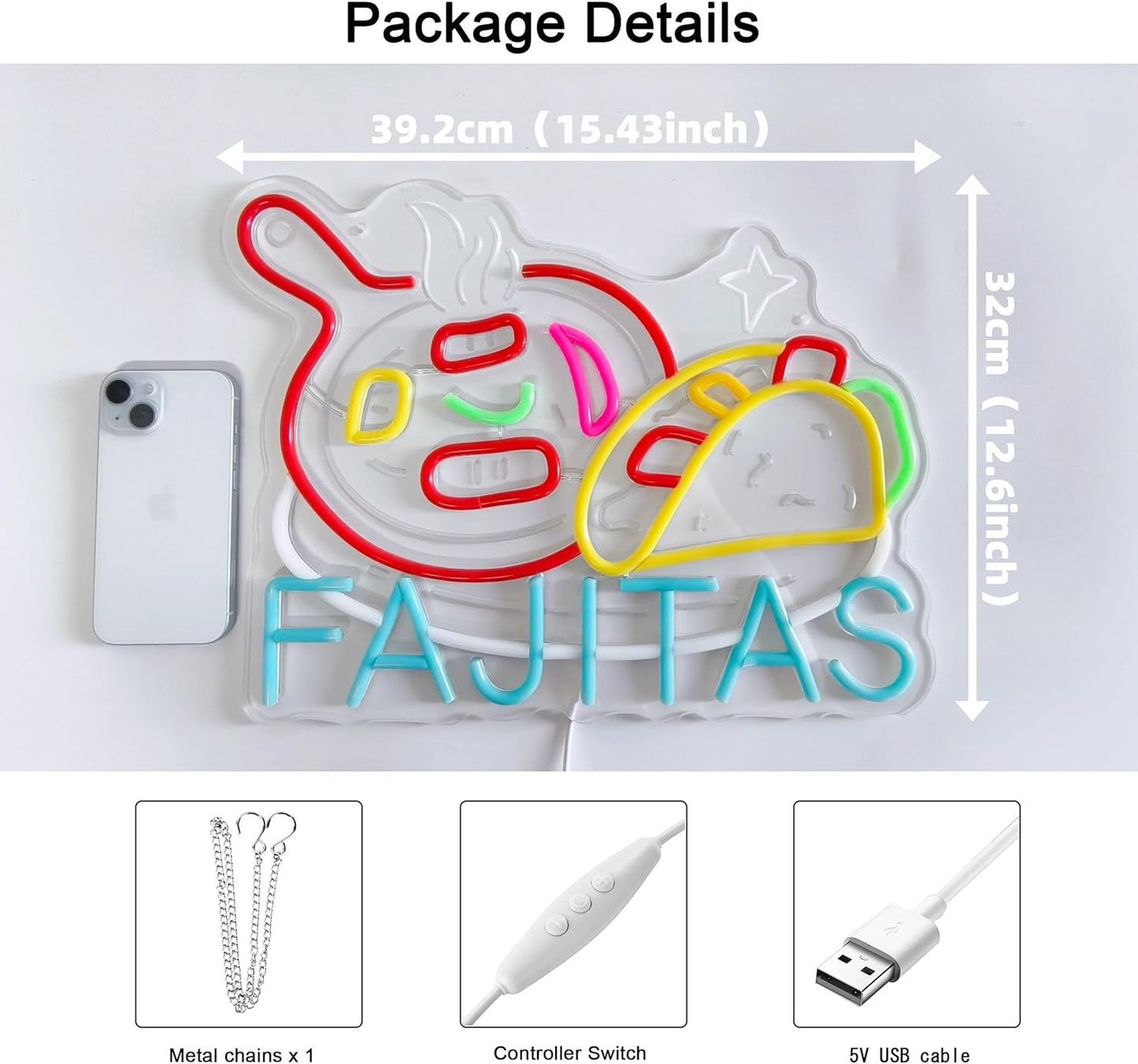 CNBEYOUNG Fajitas Neon Sign, Neon Lights Hanging Wall Art Decoration for Mexican Restaurant Shop Bar Lounge Cafe Kitchen Party Home Decor, USB Powered Ultra Bright Dimmable,15.75x 11.8inches