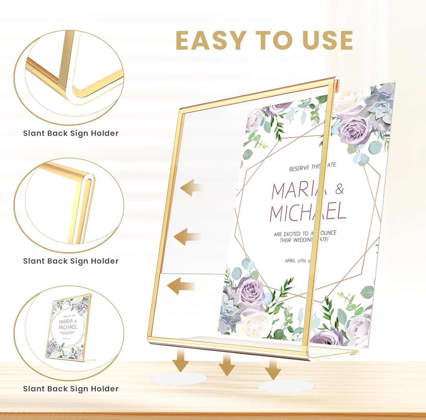 Acrylic Gold Frames 5 x7, Slanted Back Gold Picture Frames Table Acrylic Sign Holder for Photos Wedding Table Numbers and Art Display with Removable Clear Sticky Dots,3 Pack