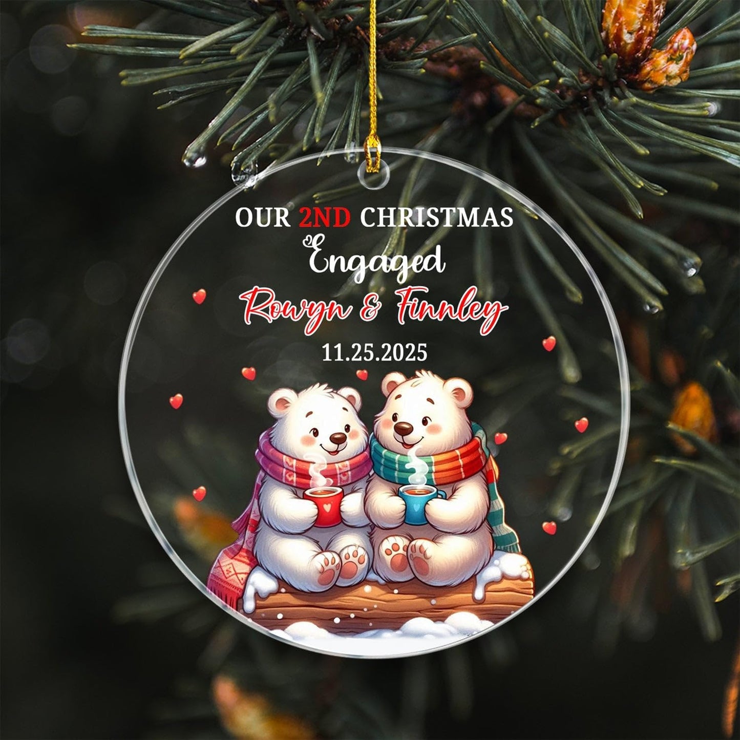 Customized Our 2ND Christmas Engaged Ornaments, Couple Polar Bear Together Ornament Gift for Engagement Anniversary, Personalized Date Name Mr & Mrs Engaged Christmas Ornament Gift for Friends Bestie