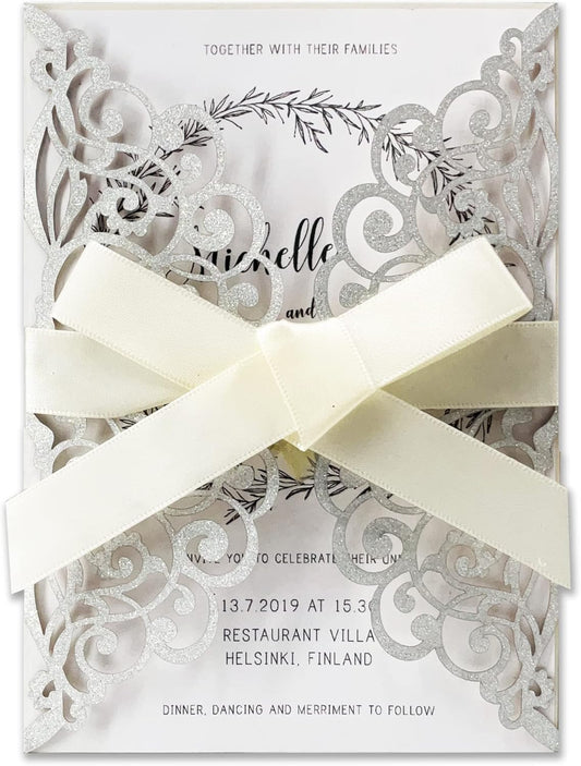 50Pcs Laser Cut Wedding Invitation With Glitter Envelopes And Ribbons Blank Personalized Card Invitaciones Para quinceañera Birthday Baby Shower Christmas Party Bridal Shower (Silver)