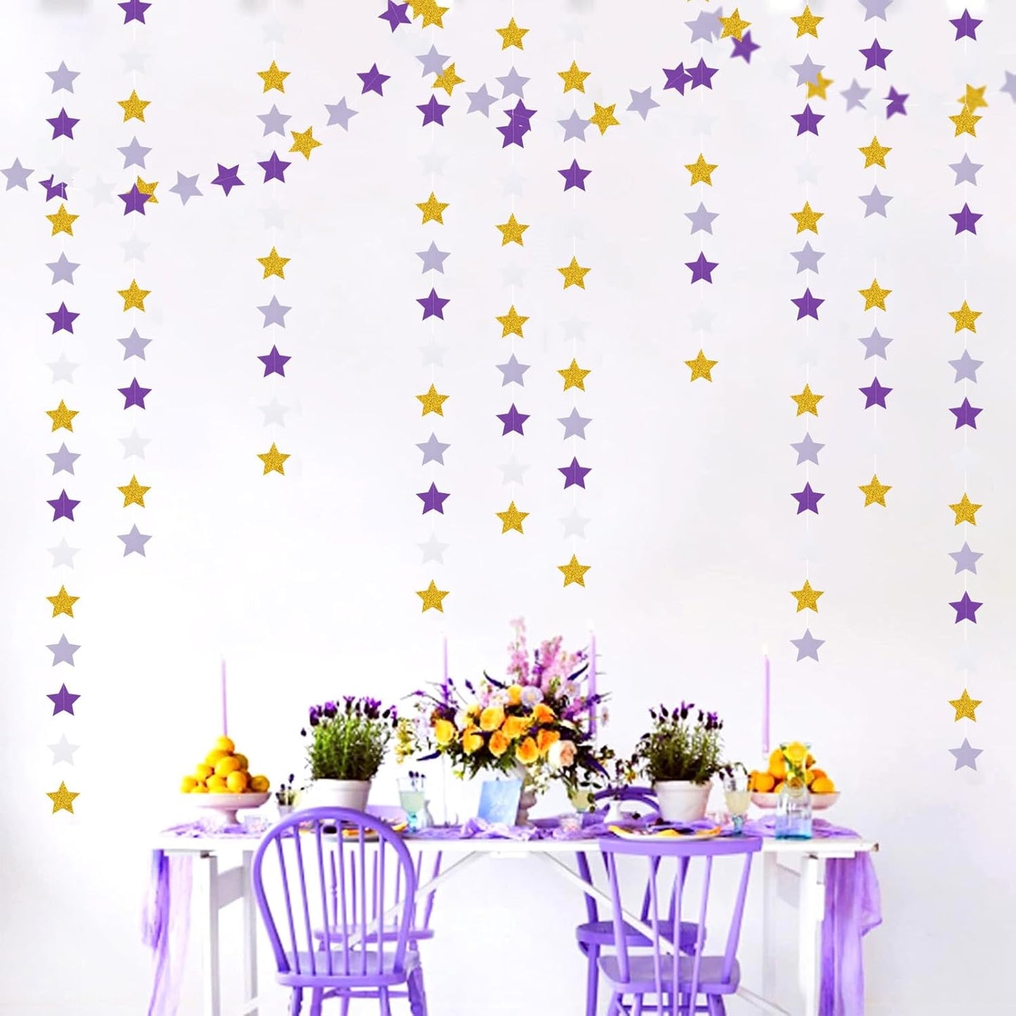 Purple-Lavender White-Gold Party-Decorations Star Garland - 62ft Streamers Hanging Banner,Girl Birthday Wedding Twinkle Twinkle Little Star Baby Bridal Shower Graduation Decor Hugtmr