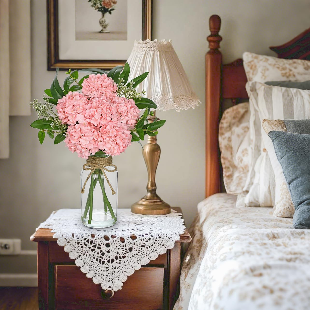 Hollyone Pink Hydrangea Artificial Flowers in Clear Glass Vase with Faux Water Silk Hydrangeas Fake Flowers Floral Arrangement for Home Bathroom Kitchen Office Table Centerpiece Shelf Decorations