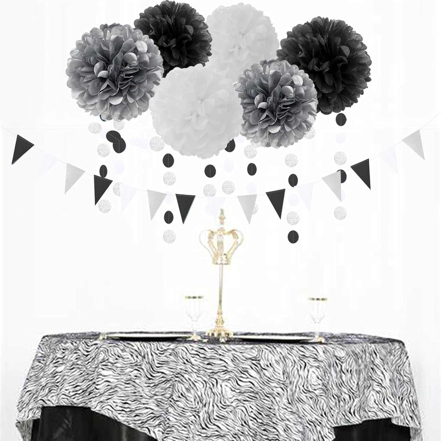 Black White Silver Party-Decorations Streamers - 23pcs Tissue Pom Poms, Graduation Men Boys Birthday Tassel Garland Banner,Wedding Baby Bridal Shower New Years Decor Lasting Surprise