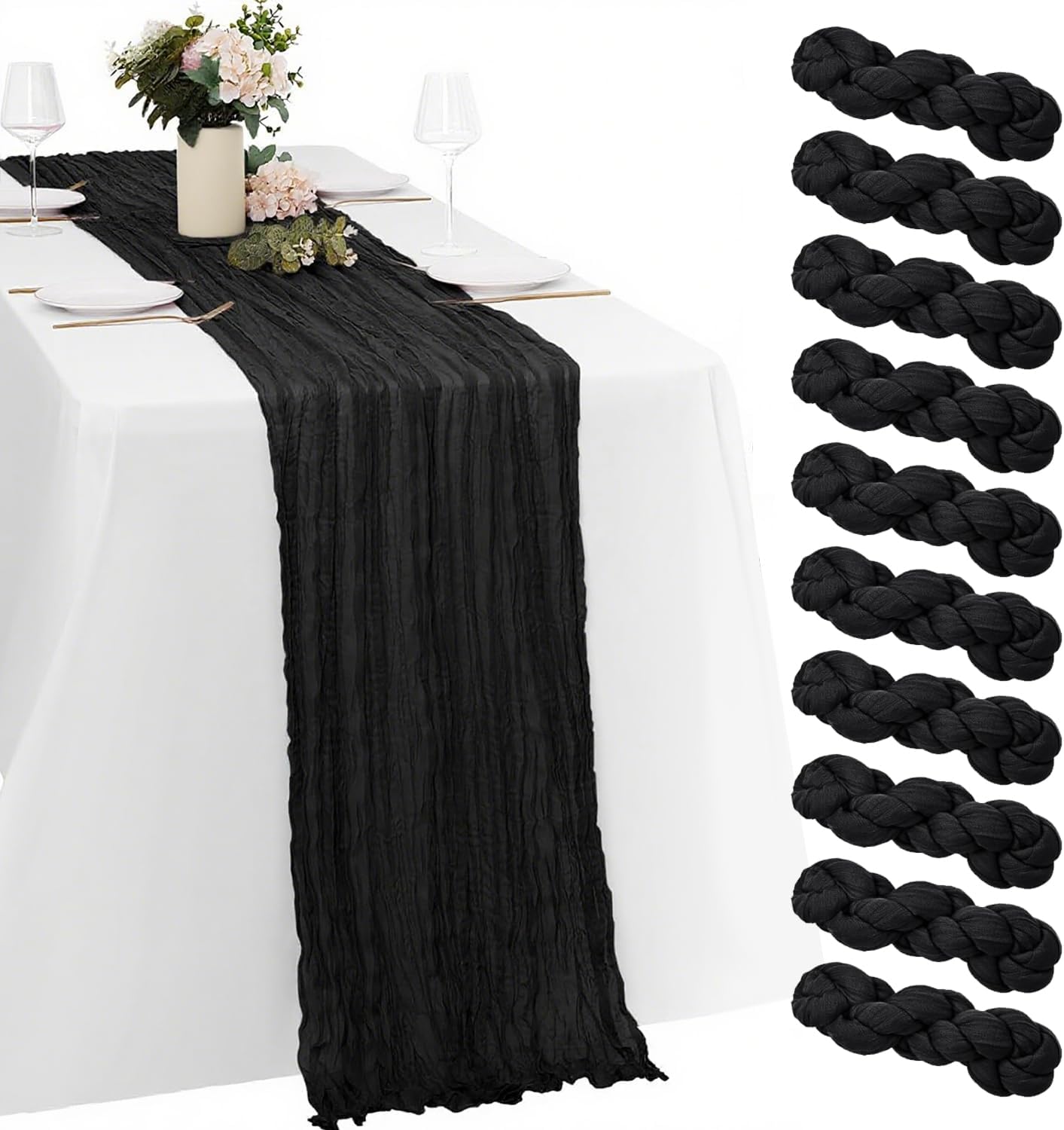 10 Pack Black Cheesecloth Table Runner -21*120Inch Long Boho Wedding Table Decor, Rustic Gauze Fabric Runner for Bridal Showers, Baby Showers & Parties (Sheer, Lightweight, Wrinkled Design)