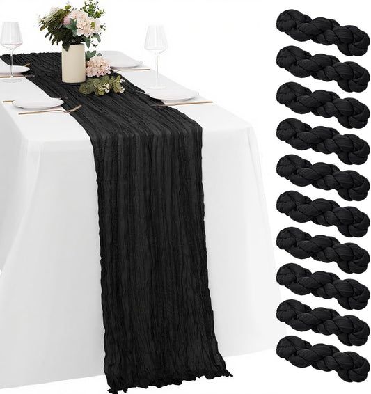 10 Pack Black Cheesecloth Table Runner -21*120Inch Long Boho Wedding Table Decor, Rustic Gauze Fabric Runner for Bridal Showers, Baby Showers & Parties (Sheer, Lightweight, Wrinkled Design)