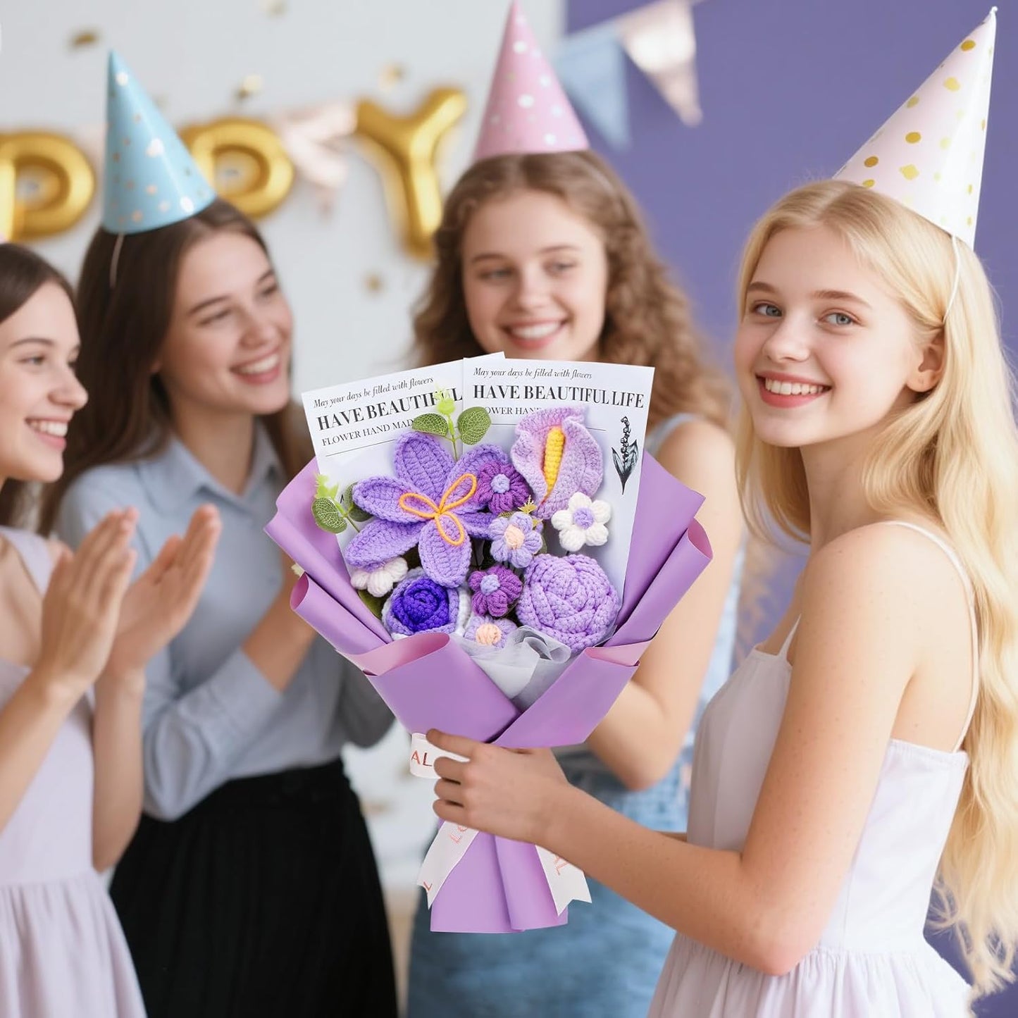 Crochet Flowers Bouquet, Handmade Knitting Crochet Flowers, Tulips Flower and Calla Lily Bouquet for Birthday, Teacher’s Day, Graduation, Valentines (Purple)