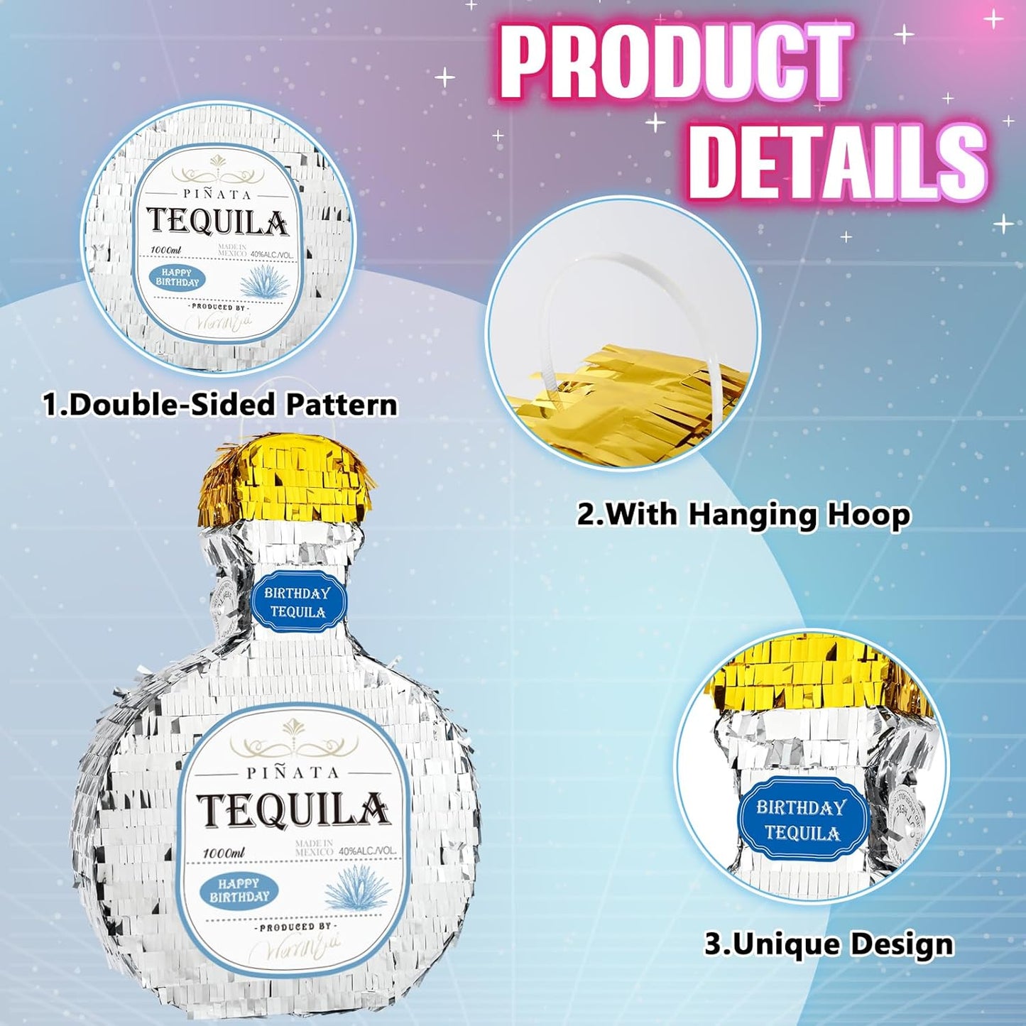 WERNNSAI Tequila Bottle Pinata - Disco Party Decorations for Adults Silver Patron Tequila Pinata with Blindfold for Bachelor Birthday Party Supplies 11.7” x 16.5”