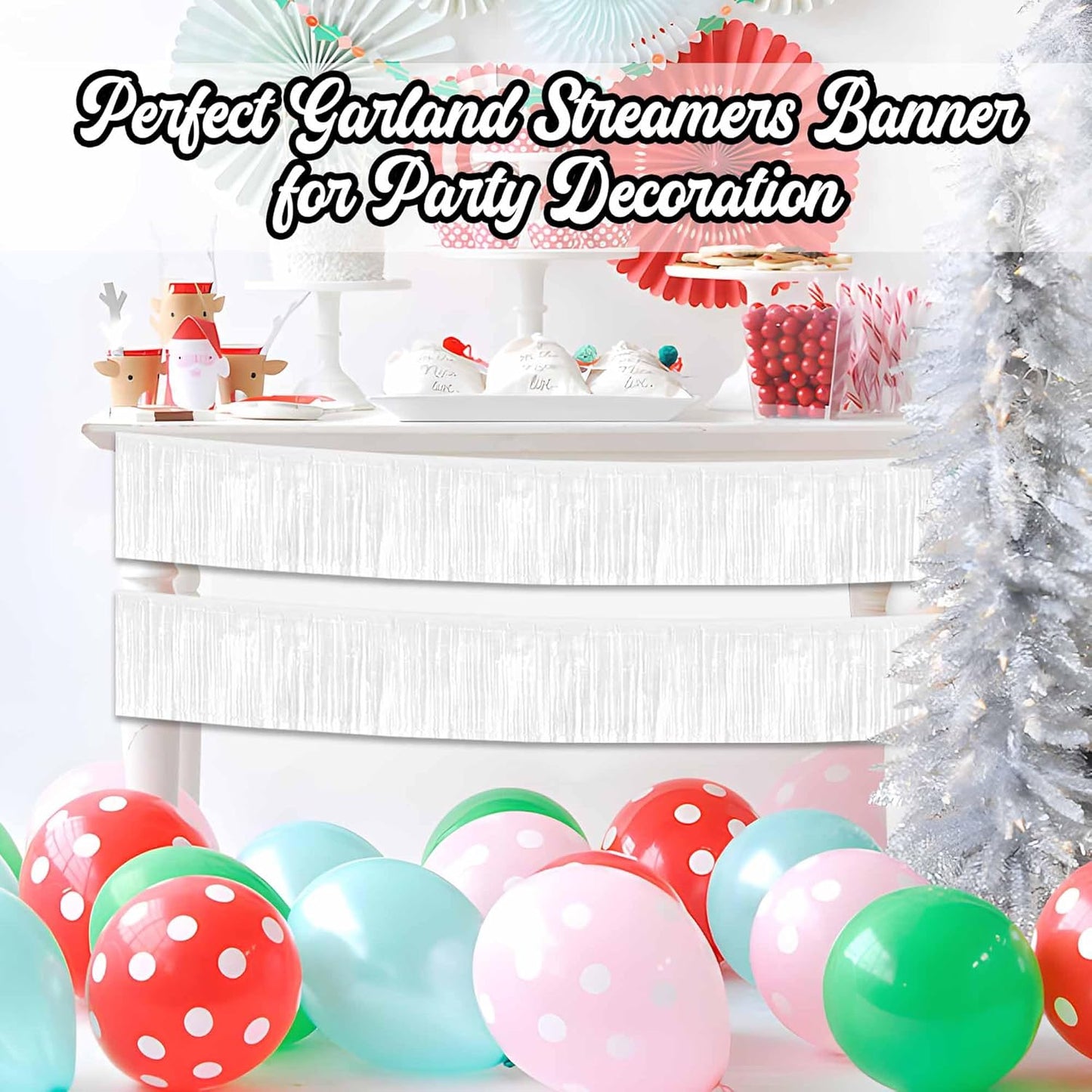 6 Pack 10 Ft Macaron White Foil Fringe Garland Metallic Streamers Tinsel Banner Wall Hanging Garland Backdrop for Parade Floats, Halloween, Christmas, Thanksgiving, New Year Party Decorations