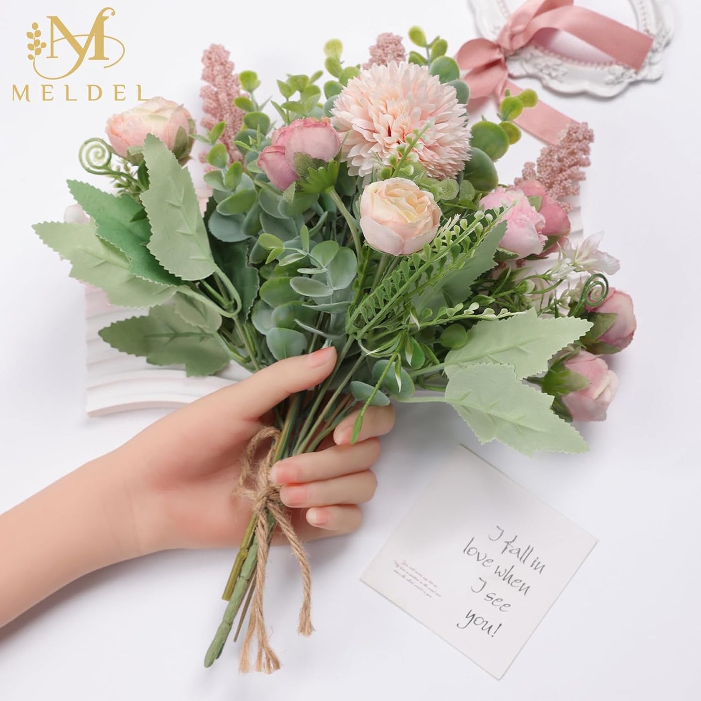 Meldel 3Pcs Rose Bouquet Pink Artificial Flowers Eucalyptus Plants Fake Silk Flower Arrangements Wedding Bouquets Decorations Plastic Floral Table Centerpieces for Home Kitchen Garden Party Decor