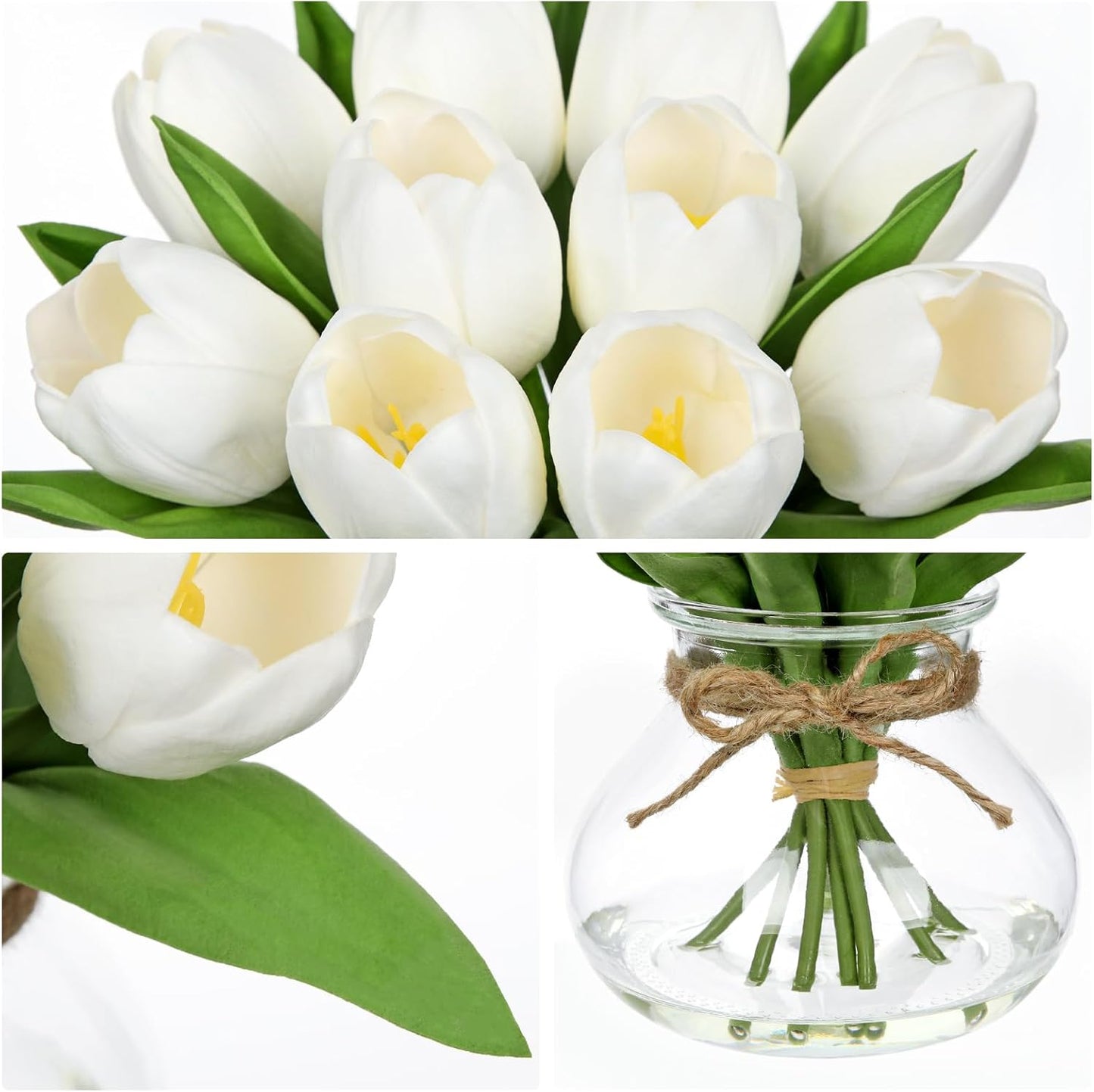 DILATATA Tulips Artificial Flowers in Vase White Fake Flowers Centerpiece with Glass Vase with Faux Water Faux Tulip Bouquet Floral Arrangement for Table Home Office Decor Wedding Thanksgiving