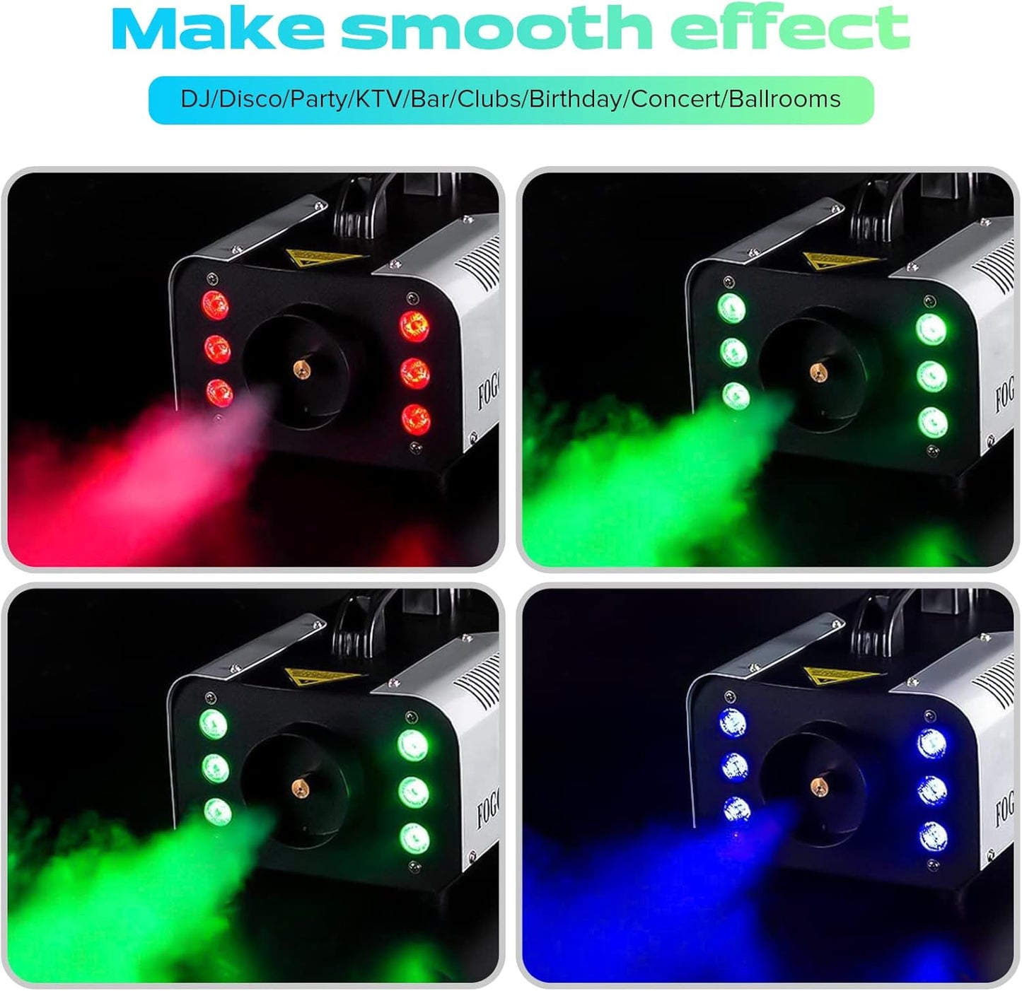 1200W RGB Fog Machine, 6 Colorful LED Lights for Smoke Machine Indoor/Outdoor Use, Perfect for Halloween Parties, Weddings, and Stage Effects 4PC