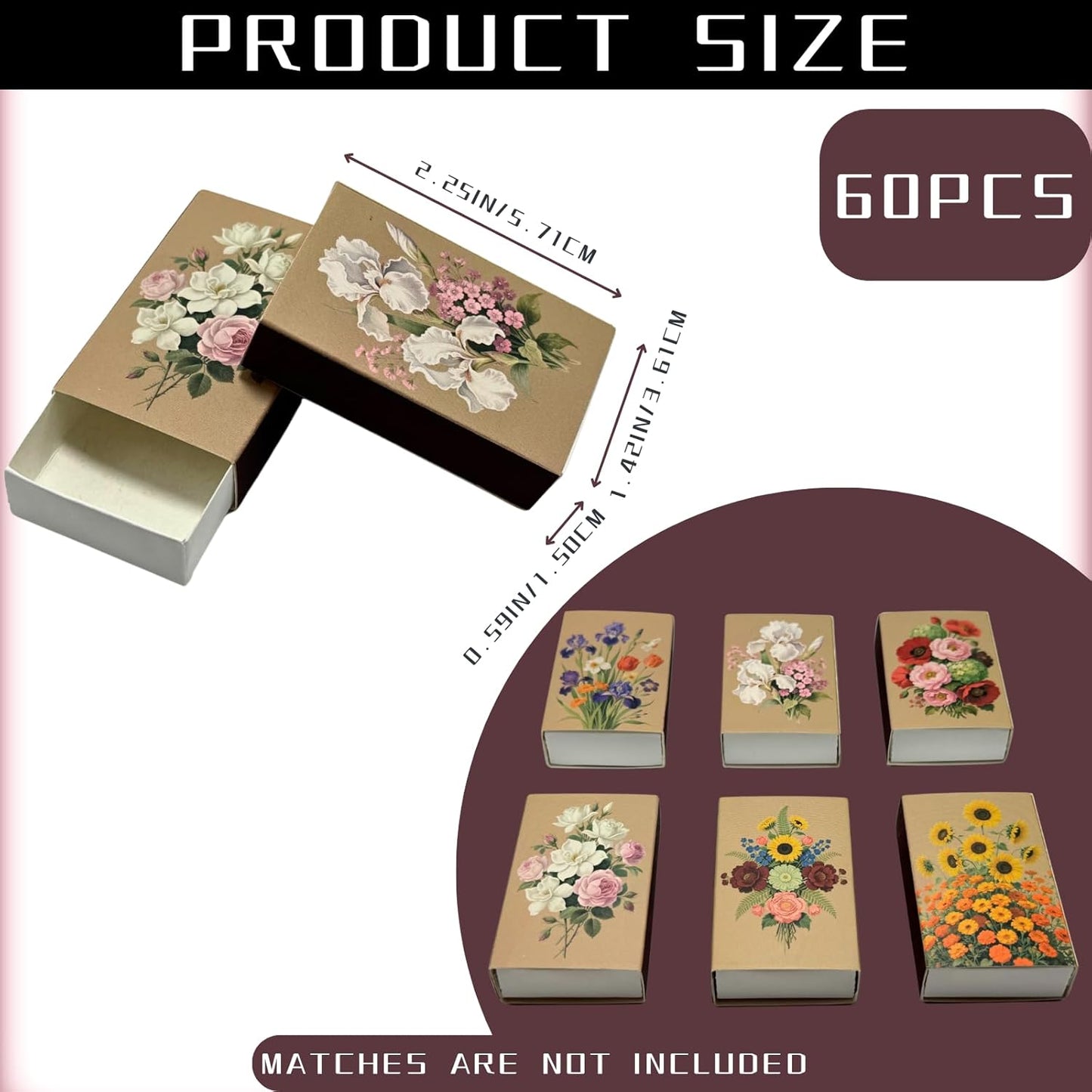 60pcs Flower Match Boxes, 2.25x1.42x0.59in Bulk Fall Spring Floral DIY Light Brown Storage Containers Holders Double-Sided Strikers Wedding Bridal Baby Shower Birthday Party Favor, No Matches Included