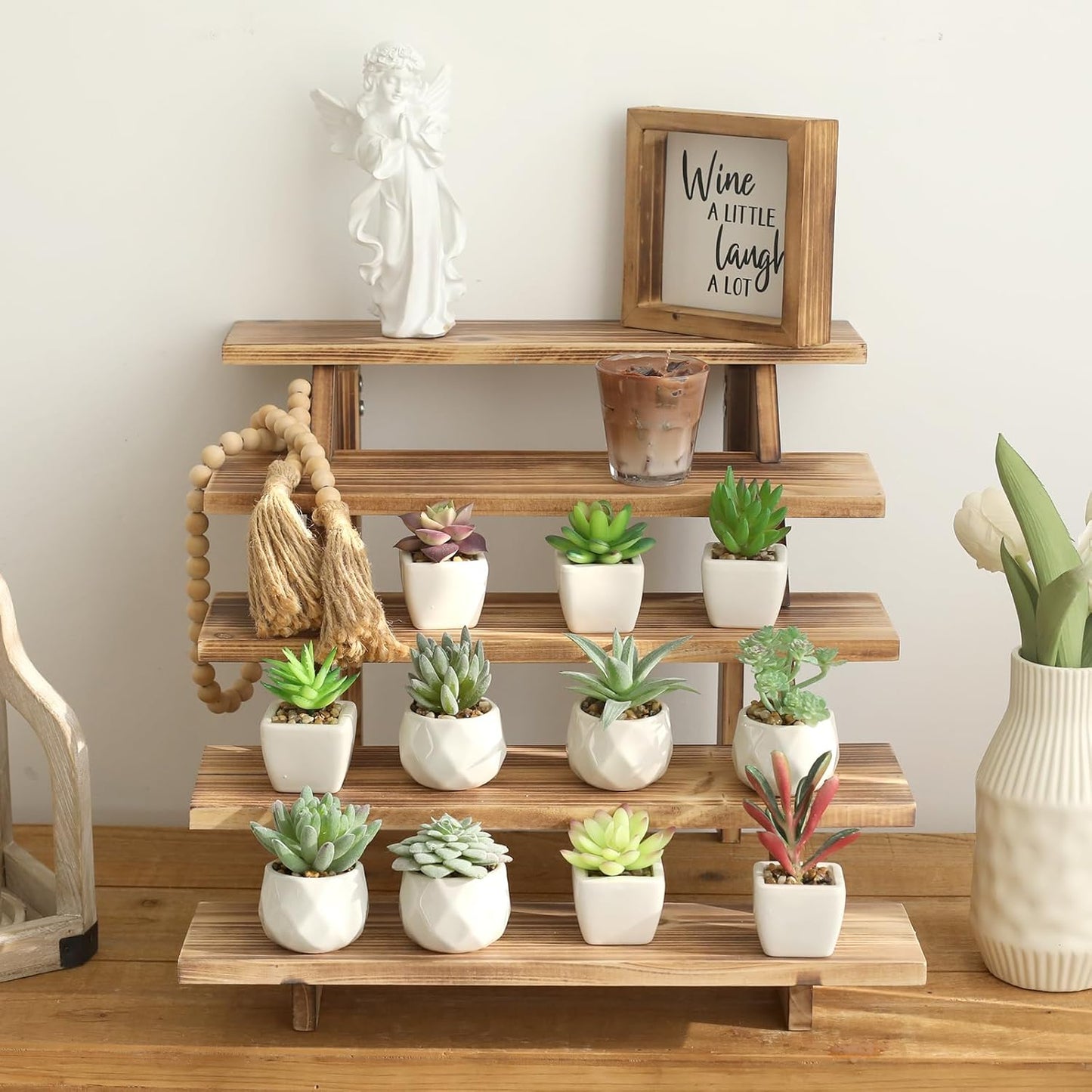 SwallowLiving 5 Tier Wooden Rustic Cupcake Stand for 30 Cupcakes, Stepped Wood Display Stand for Weddings, Tiered Party Table Display Riser for Food , Dessert, Cookie, Decor, Craft Show, Burnt