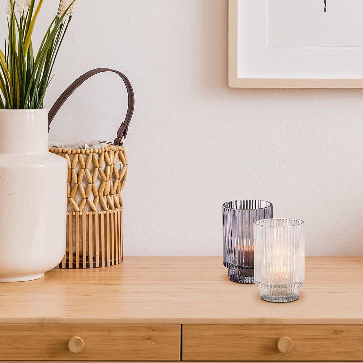 Serene Spaces Living 5in Smoke Ribbed Glass Votive Holder, Decorative Centerpiece for Wedding, Christmas, Thanksgiving, Dining Table, Living Room, Home Décor, 3.25" Diameter & 5" Tall, Pack of 24