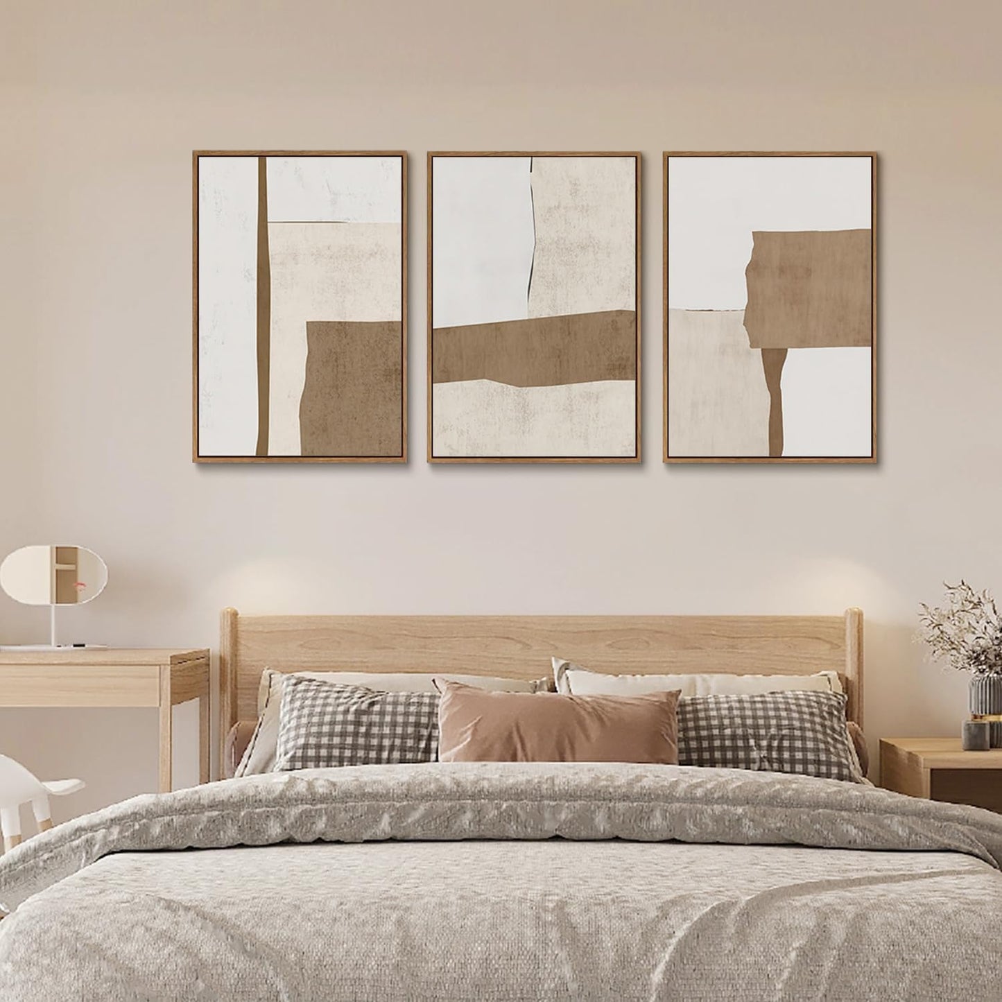 myusuar 3 Piece Large Modern Abstract Canvas Framed Wall Art For Living Room, Brown And Beige Block Minimalist Wall Art Decor Posters Prints For Bedroom Office, 12x16in