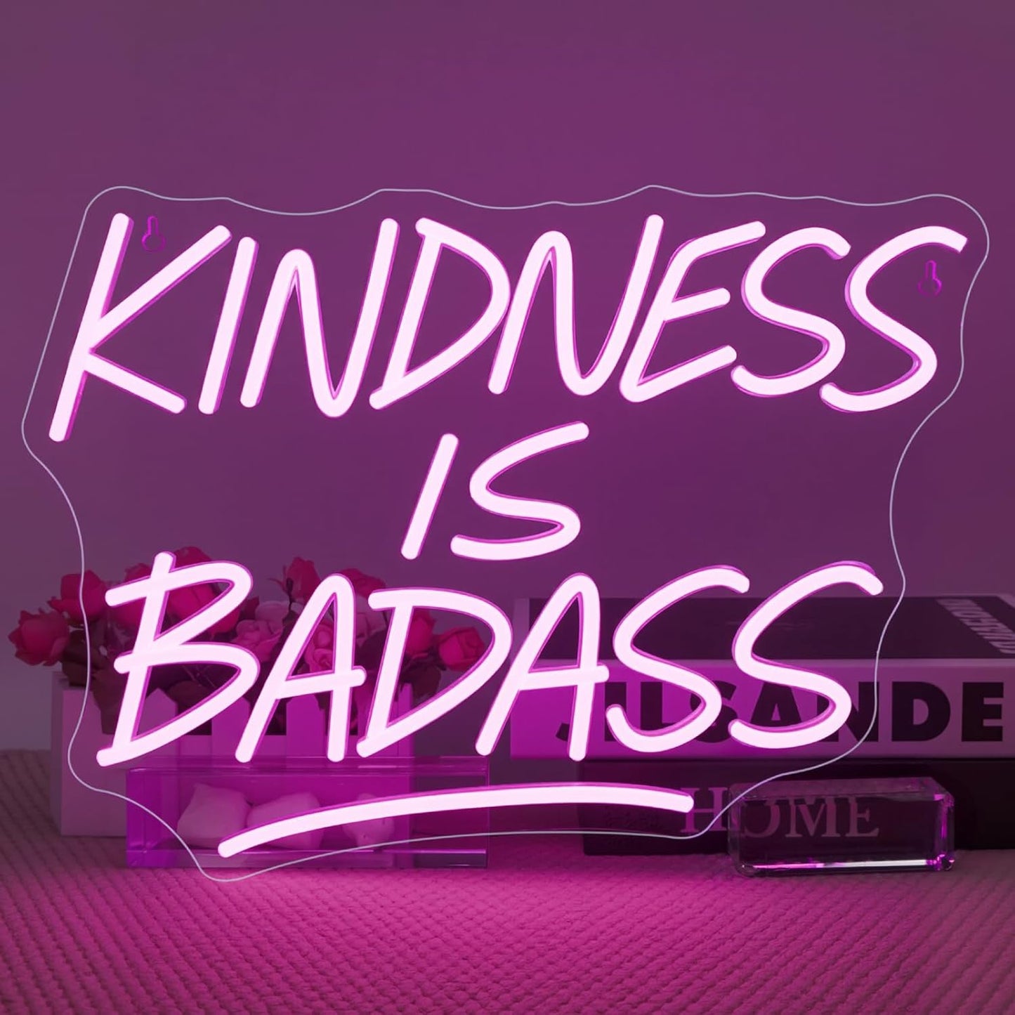 KINDNESS IS BADASS Neon Sign – Pink LED Wall Light, Inspirational Neon Word Sign for Bedroom, Dorm, Living Room, Office & Gift Décor