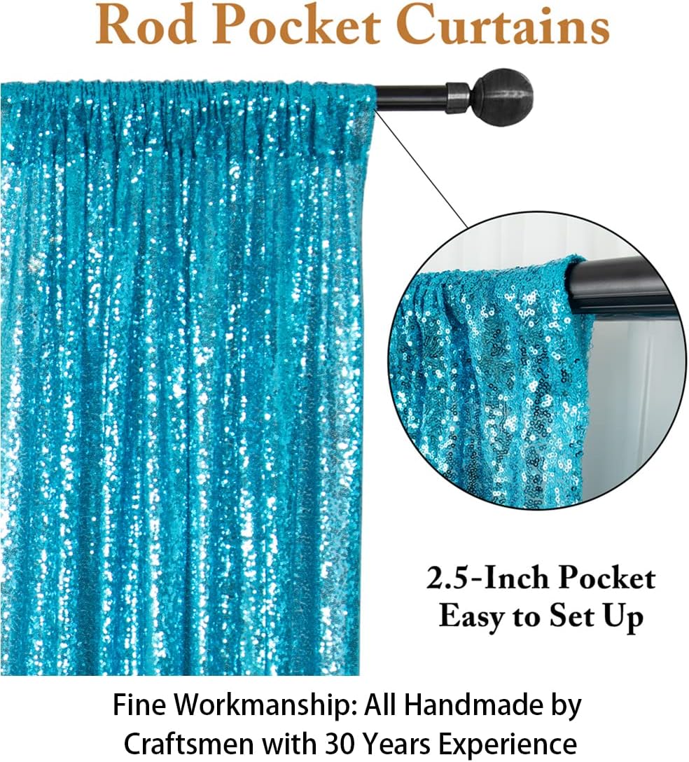 ShinyBeauty Turquoise Sequin Backdrop Curtain | 2 Panels 5Ft x 10Ft Glitter Wedding & Photography Background | Shimmer Curtains | Payette Sequin Aqua Blue Fabric Backdrop