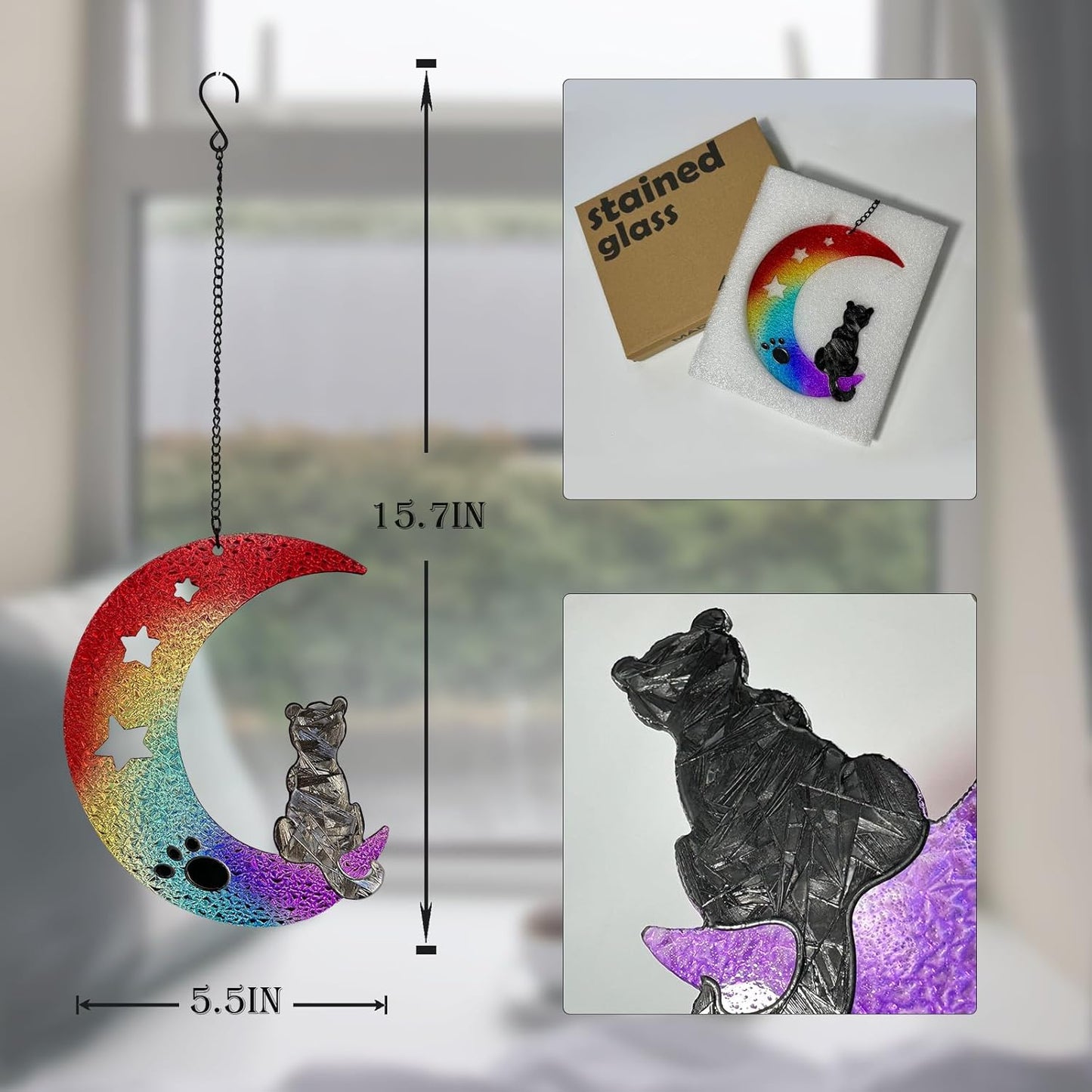 Stained Glass Window Hanging - Colorful Gradient Moon Suncatcher for Door Terrace Garden Home Decor Black Kitten Sun Catcher Birthday Gifts for Lovers Women Men Dad Mom Nana 6.3 in