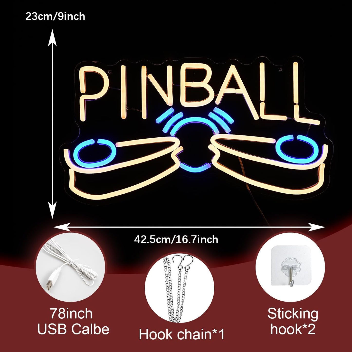 Pinball Neon Sign USB Powered Pinball Neon Light for Wall Decor Dimmable LED Pinball Light Up Sign for Game Room Club Man Cave Neon Signs Decor Birthday Party Gift(16.7 * 9In)