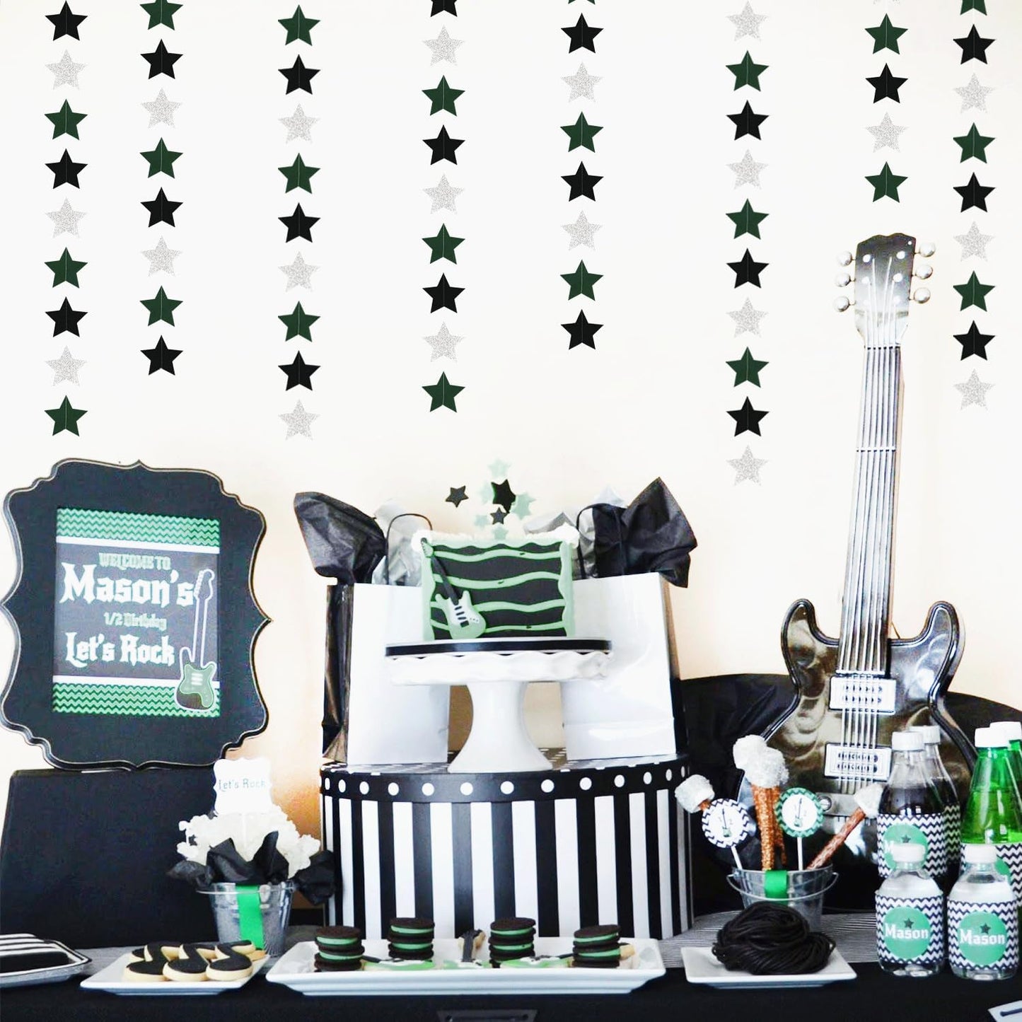 Black Green-Silver Party-Decorations Garland - 62ft Twinkle Little Star Soccer Graduation Hanging Streamers Banner,Men Boys Birthday Bachelorette Baby Bridal Shower Decor Hugtmr