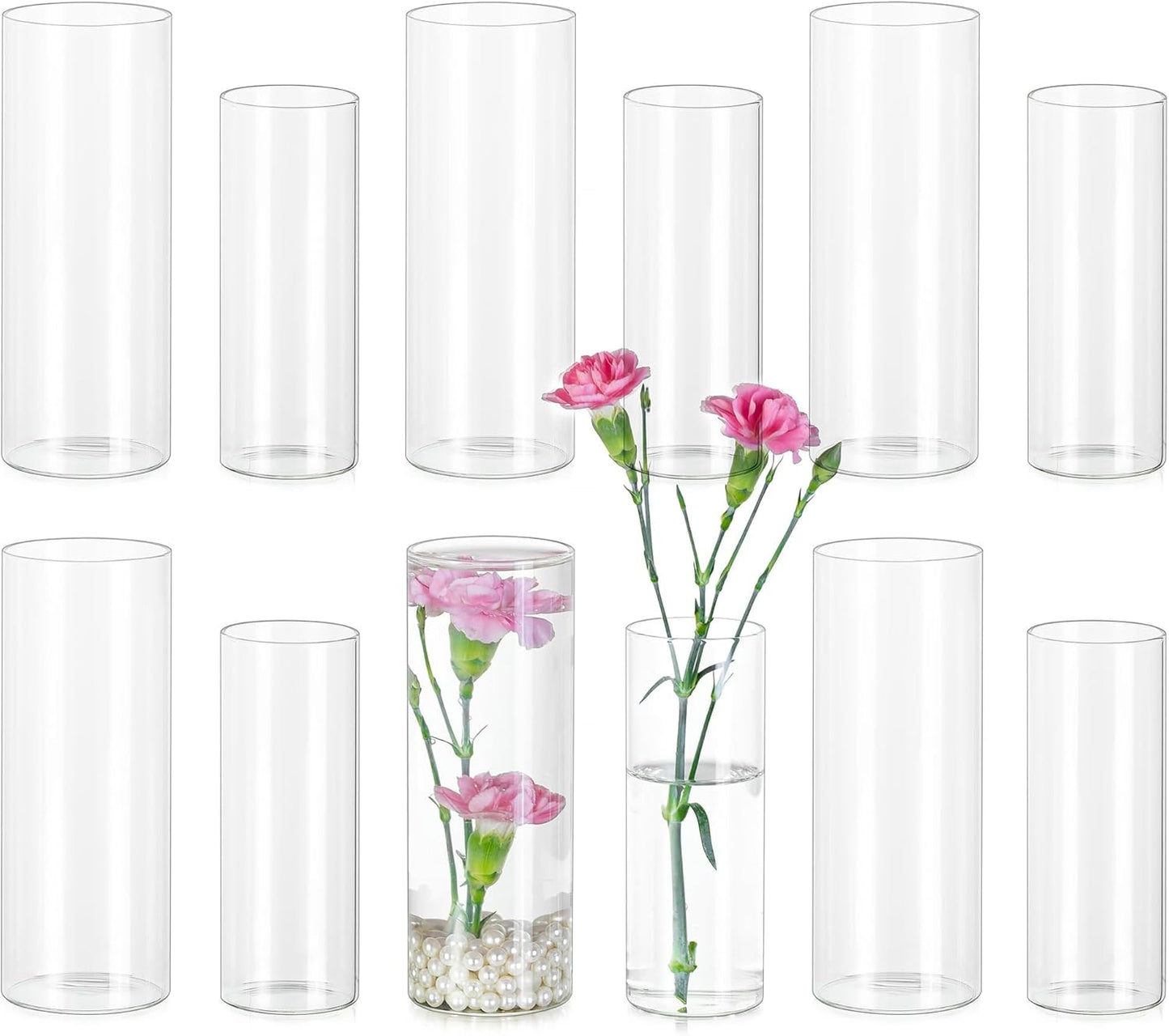 Glasseam Glass Cylinder Vase in Bulk: 12pcs Clear Small Bud Flower Vases for Centerpieces - Modern Hurricane Pillar or Floating Candle Holder for Wedding Party Table Living Room Home Decor, Tall 6"+7"