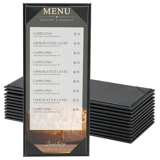 12 Pack 1 View Menu Holder Menu Covers 4.25" x 11" | Black Leather Menu Sleeves Book Style for Restaurant Coffee Bars Wine List