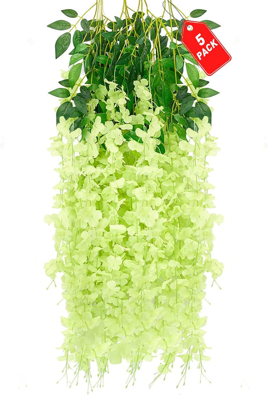5 Pack Green Wisteria Hanging Flowers, 3.44 Ft Fake Hanging Flowers, Artificial Wisteria Garland Vines for Wedding Room Backdrop Outdoor Patio Garden Decoration