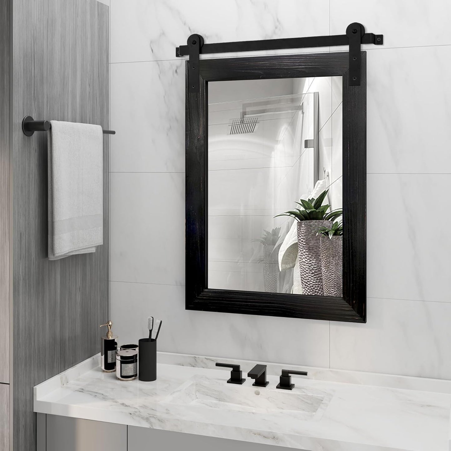 COGOOD Farmhouse Barn Door Mirror - 21 x 30 Rustic Wood Framed Wall Mirror for Bathroom, Living Room, Entryway Wall Decor (Black)