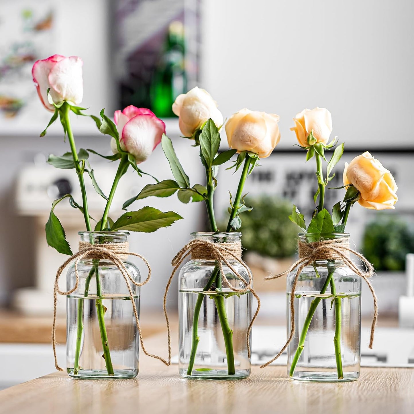 Vintage Glass Vases, Mason Jars for Centerpieces, Farmhouse Mason Jar Vase with Rope Design, Centerpiece Vases for Table, Wedding & Home Decor (6)