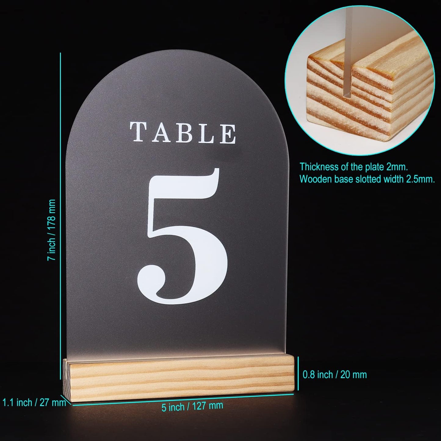 Wedding Table Numbers 1-25, Acrylic Arch Signs with Natural Wood Stands Holders, Rustic Table Decor for Reception & Parties (Frosted White)