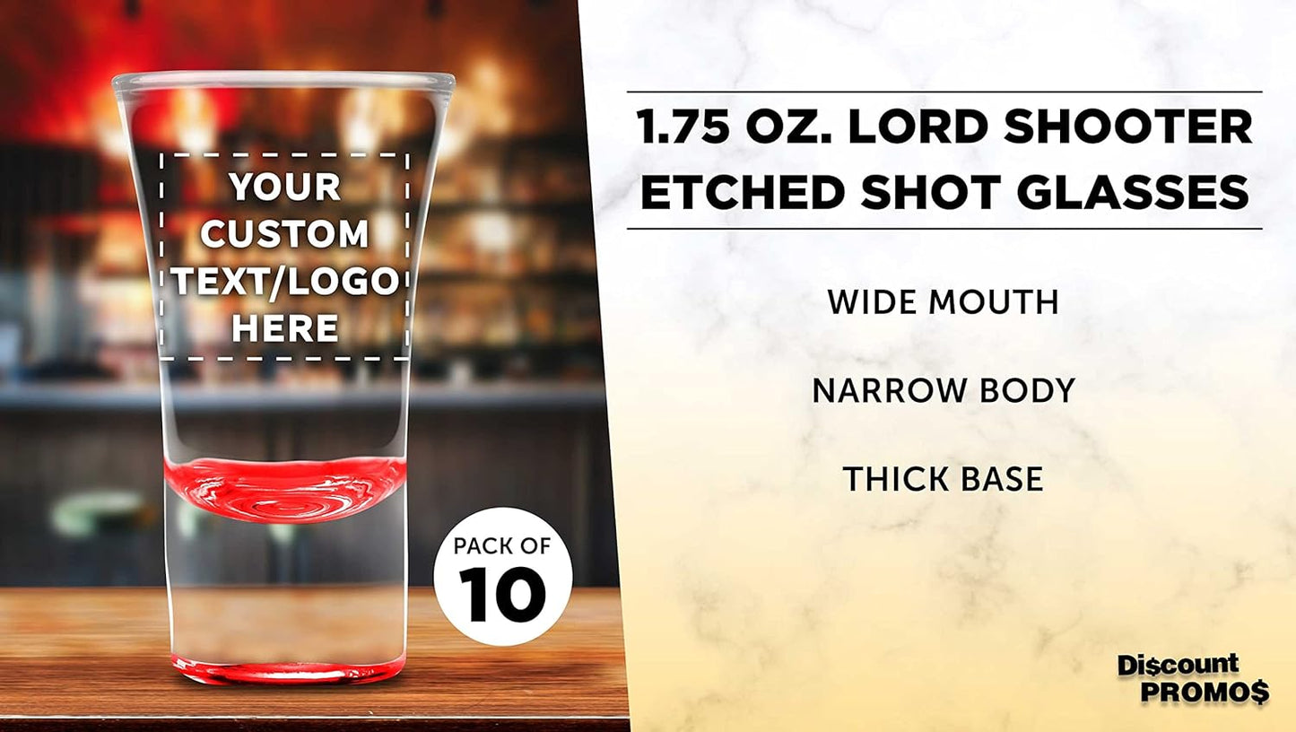 Custom 2 oz. Lord Shooter Etched Shot Glasses, 10 pack, Personalized Text, Logo, 21st Birthday Party, Lounge Glassware, Red
