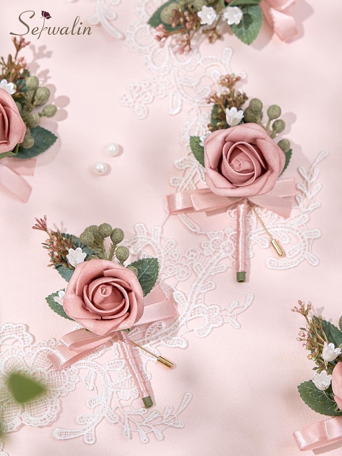 Serwalin 10Pcs Boutonniere for Men, Pink Groom and Best Man Boutonniere, Artificial Flowers for Wedding Decor, Prom, Homecoming, Ceremony Anniversary, Formal Dinner Party