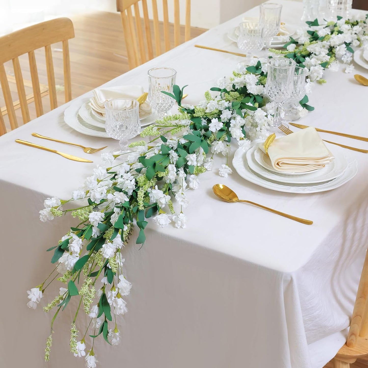 Mizii White Artificial Flower Garland 6FT Fake Wildflower Floral Garland Hanging Vines Spring Summer Flowers Decorations for Mantle Table Centerpieces Room Wall Fireplace Wedding Decor (White)