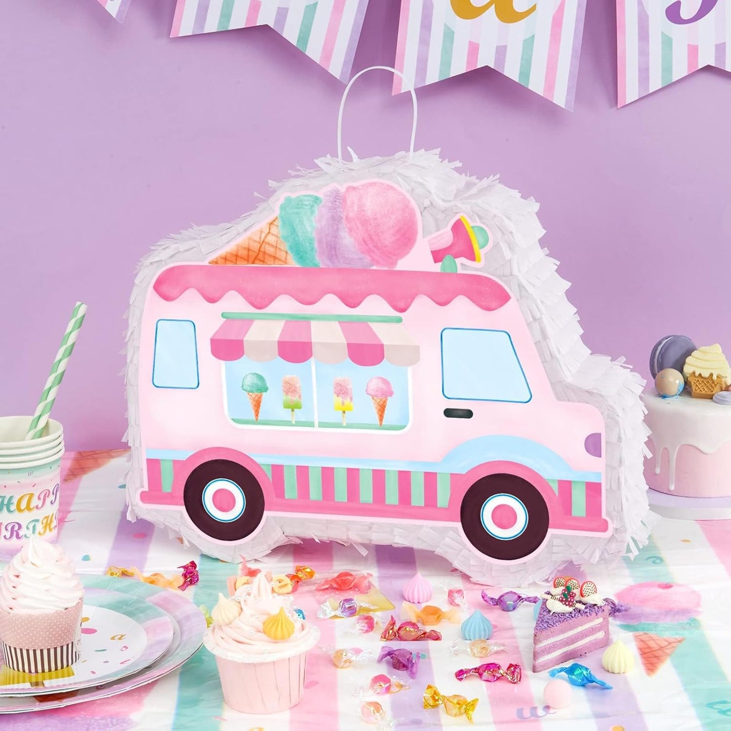 WERNNSAI Ice Cream Piñata -15.7'' x 12.2'' Ice Cream Truck Piñata with Stick and Blindfold Birthday Game for Kids Girls Summer Candy Theme Party Baby Shower School Activities Dessert Party Decorations