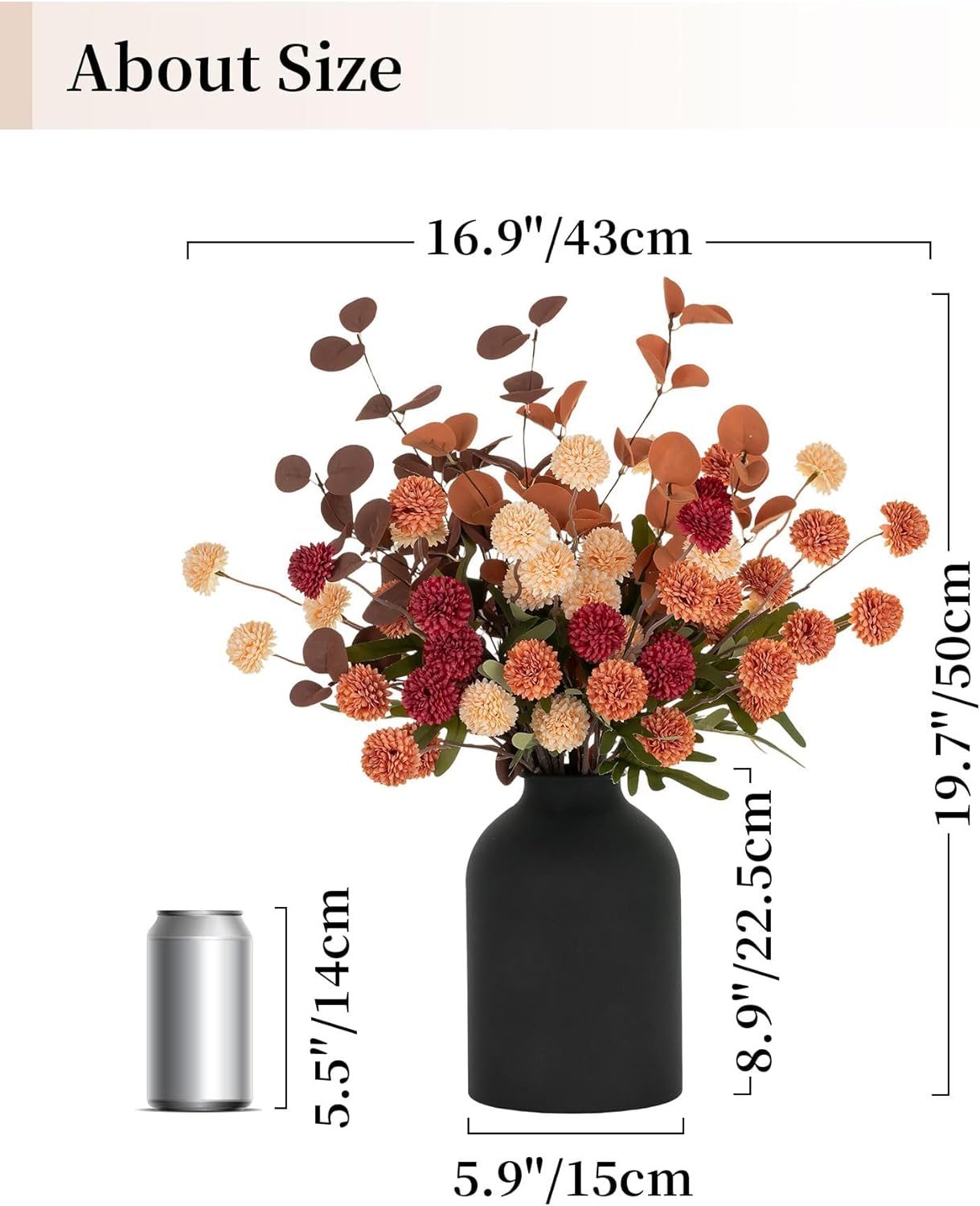 BLOSMON Fall Flowers in Vase for Centerpieces: Metal Vase with 12 Stems of Fake Mums Kiku Flowers Eucalyptuses Home Thanksgiving Table Decoration - Burnt Orange Artificial Pom Poms Floral Arrangement