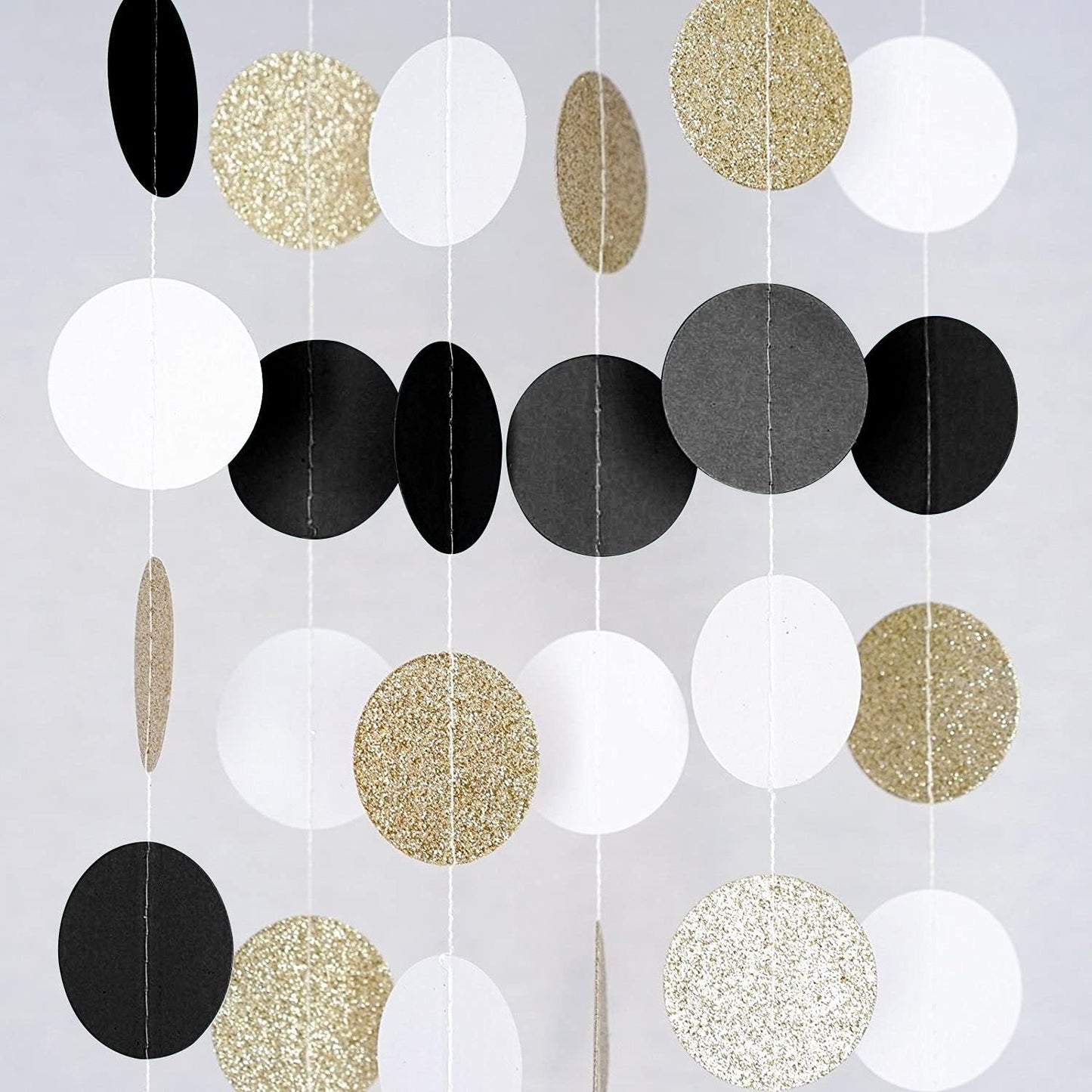MerryNine Paper Garland 5 Pack, 65 Ft Glitter Paper Garland Circle Dots Hanging Decor, Banner for Baby Shower, Birthday, Nursery Party Decor (Black White Gold)