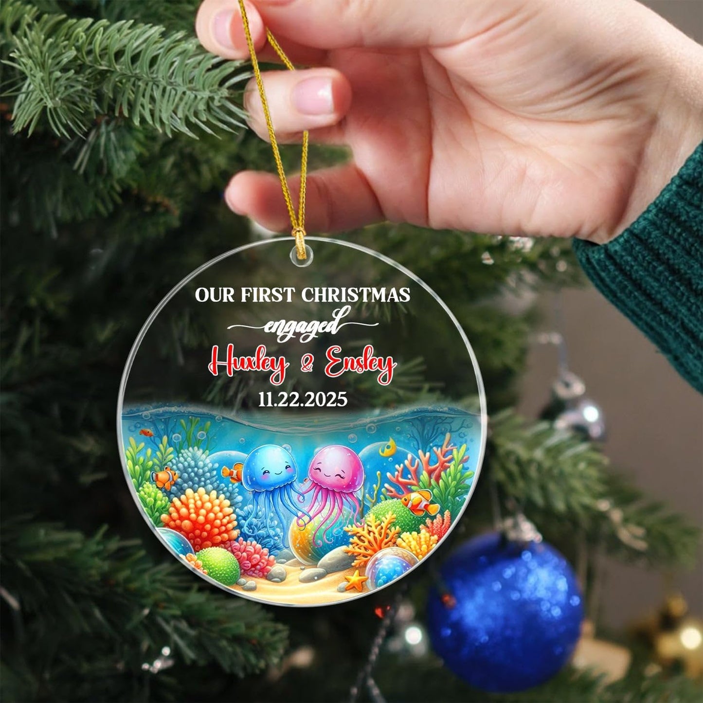 Personalized Our First Christmas Engaged Ornament Gift, Customized Date/Names Jellyfish Mr & Mrs Engaged Xmas Ornaments, Couple Jellyfish Together Christmas Ornament Gift for Engagement Anniversary