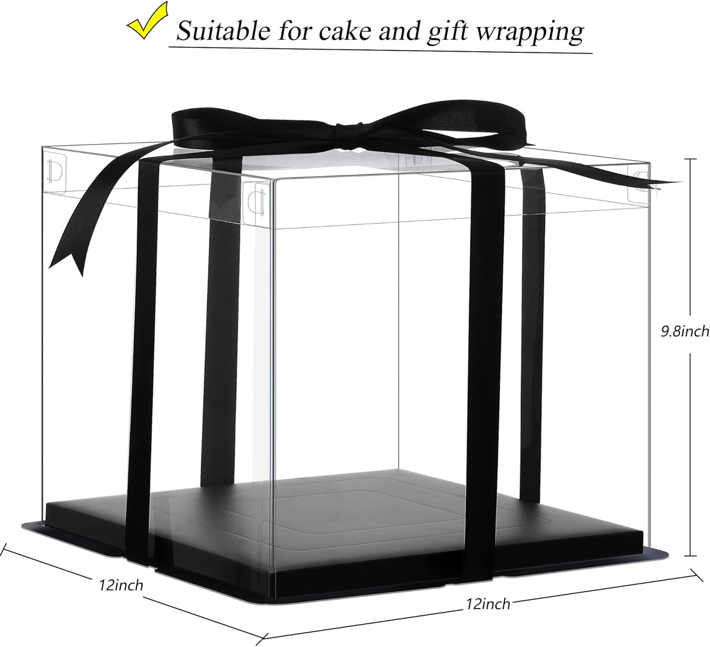 XININSUN 6Pcs Tall Cake Boxes Clear cake Box with Ribbon, 12x12x 10inch,Ideal for Large 10" and 12" Inch Tall Layer Tiered Cakes and Clear Gift Boxes for Wedding Party and Gift Display - Black