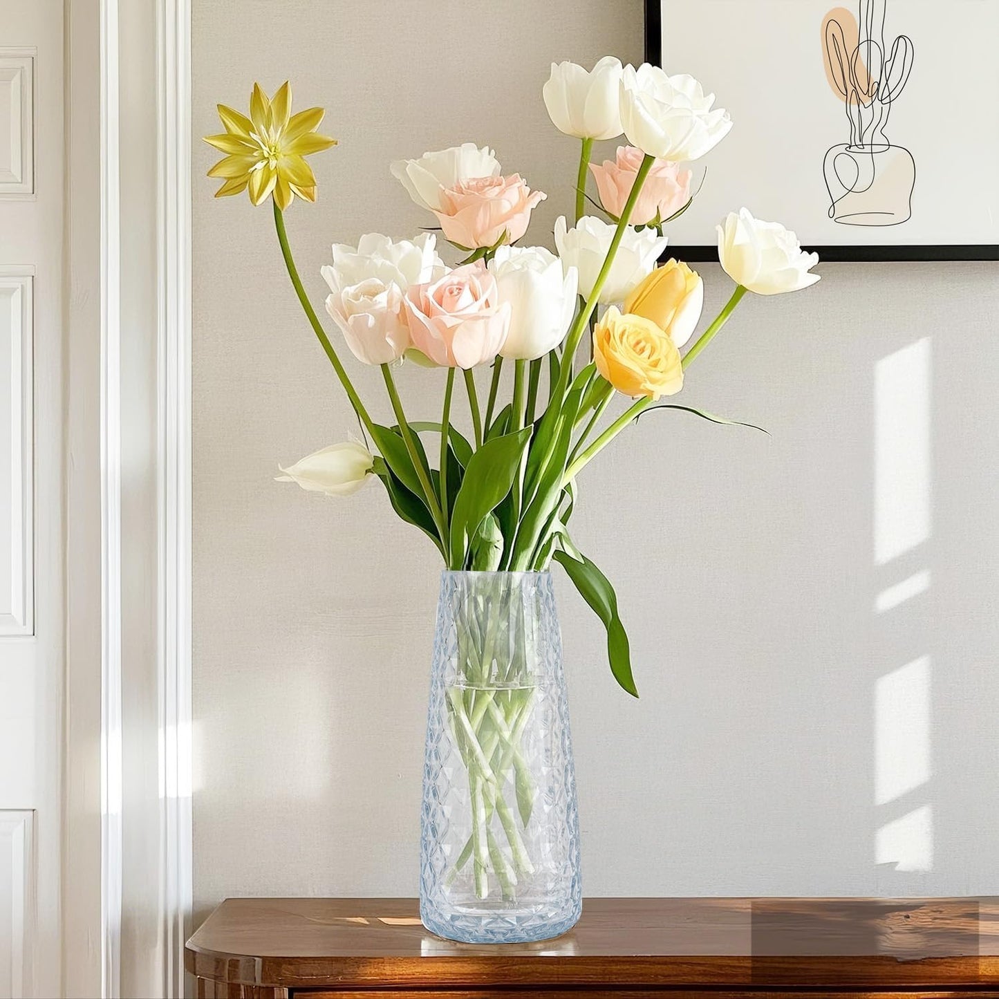 Crystal Vase for Flowers, 8.6" H Clear Round Glass Vase for Centerpieces, Modern Floral Planter Container for Parties,Wedding,Office,Home Decoration