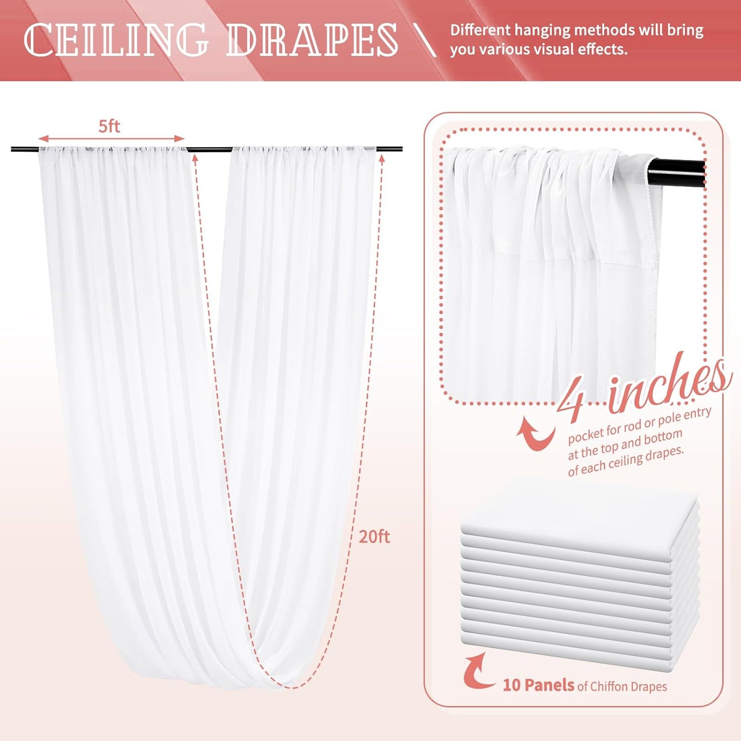 10 Panels White Ceiling Drapes for Wedding 5ftx20ft Sheer Drapery Chiffon Fabric Arch Draping Curtains for Party Ceremony Birthday Baby Shower Reception Stage Ceiling Decorations