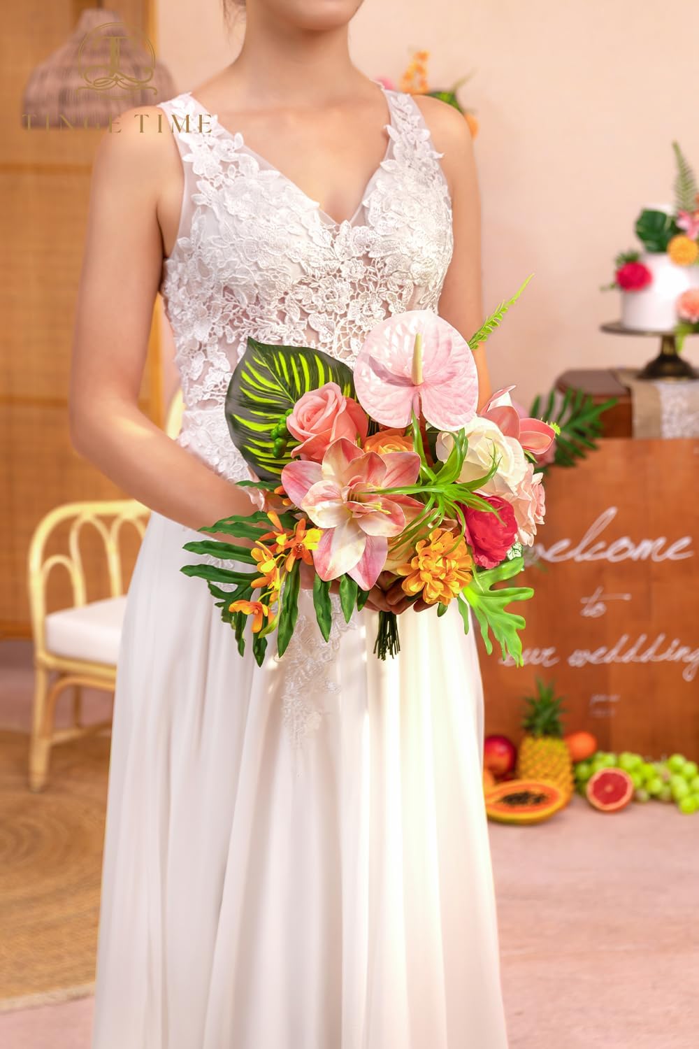 TINGE TIME Artificial Flowers Tropical Citrus & Pink Flower Combo for DIY Summer Wedding Bouquets Table Centerpieces Arrangements Party Baby Shower Home Decorations