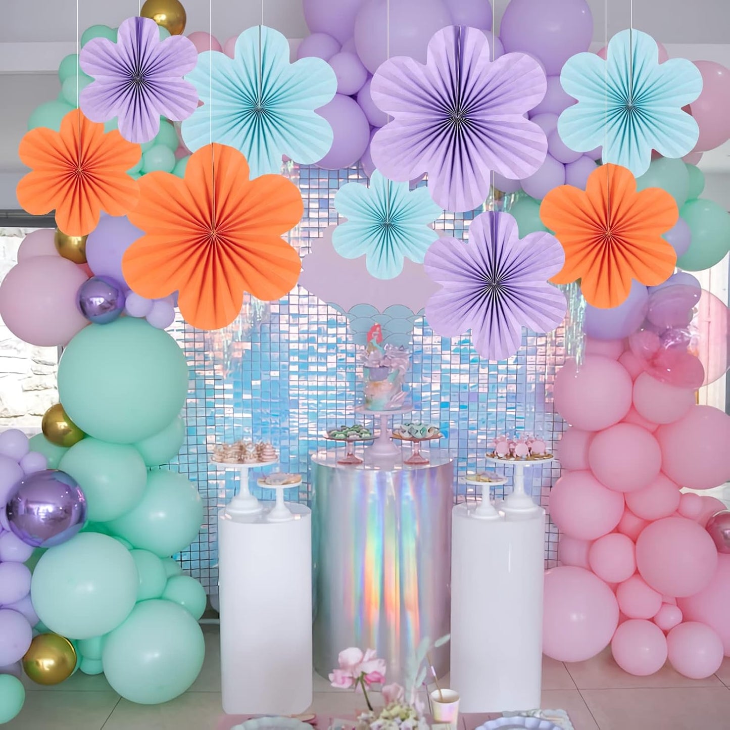 Paper Flowers Decorations for Wall Blue Paper Fans Classroom Decoration Floral Backdrop Decor Hanging Pink Flower Wall Decor, Set of 9