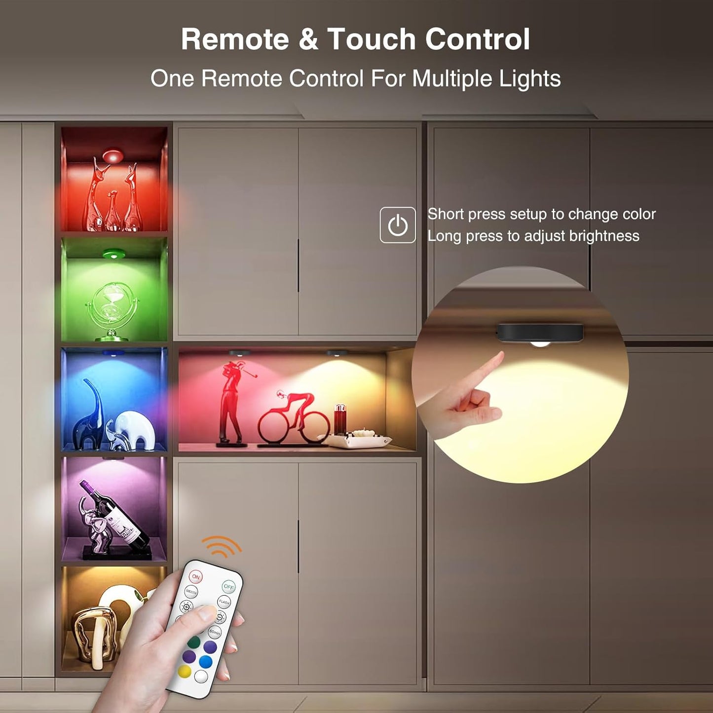 RGB Puck Lights with Remote Control, 2000mAh Rechargeable Stick on Led Lights, 9 Colors & 2 Dynamic, Tap Light with Timing,Under Cabinet Lighting for Closet,Kitchen,Cabinet,Shelf(Black, 3 Pack)