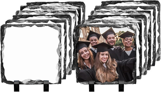 PYD Life 12 Pack Sublimation Photo Slates Rock Blanks 5.5 x 5.5 Inch Bulk Square Stone Frame White with Display Holder for Heat Transfer Printing
