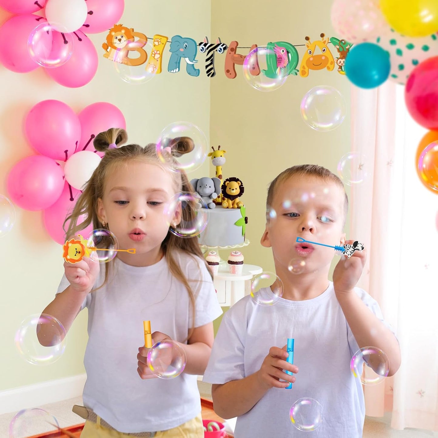 24 Jungle Animal Party Favors Bubble Wands for Kids, Lion Fox Zebra Giraffe Safari Mini Bubbles Wand Toys, Woodland Theme Birthday Party Supplies Goodie Gift Bag Stuffers Pinata Classroom Prizes