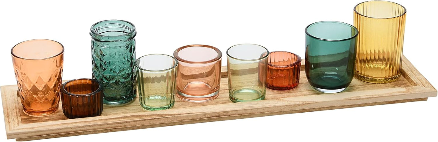 Creative Co-Op Round Glass Votive Holders on Wood Tray, Yellows & Greens, Set of 9