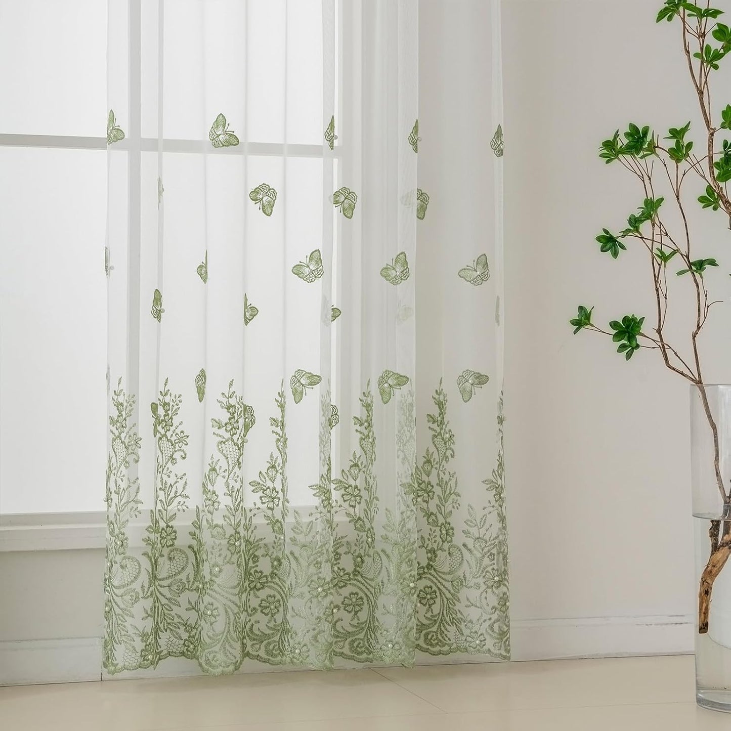 VISIONTEX White Sheer Voile Curtains, Decorative Green Embossed Butterflies Rod Pocket Window Drapes for Home Kitchen, Living Room and Bedroom 54 x 95 Inch, Set of 2 Curtain Panels