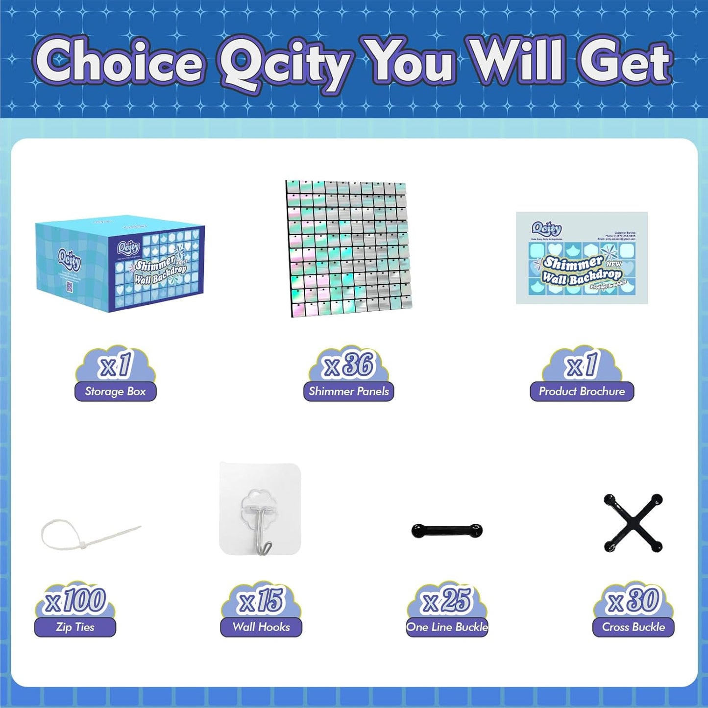 Qcity Iridescent Silver Shimmer Wall Backdrop 36PCS, Black Back Not See-Through Design, Square Sequin Glitter Backdrop Panel, Perfect for Outdoor Events, Birthdays, Wedding and Party Decoration